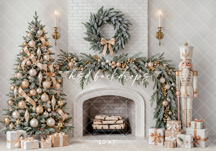 Ivory Nutcracker Christmas Fireplace Photography Backdrop – Soft Holiday Hearth | HSD Backdrops