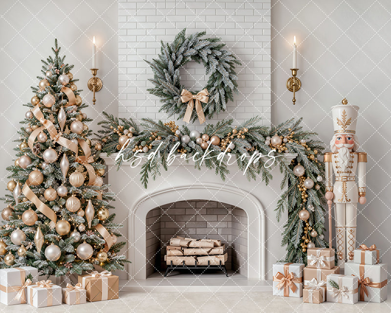 Ivory Nutcracker Christmas Fireplace Photography Backdrop – Soft Holiday Hearth | HSD Backdrops