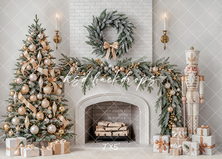 Ivory Nutcracker Christmas Fireplace Photography Backdrop featuring an ivory fireplace, frosted evergreen garland, champagne ornaments, decorated Christmas tree, wrapped gifts, candles, wreath, and nutcracker accent.