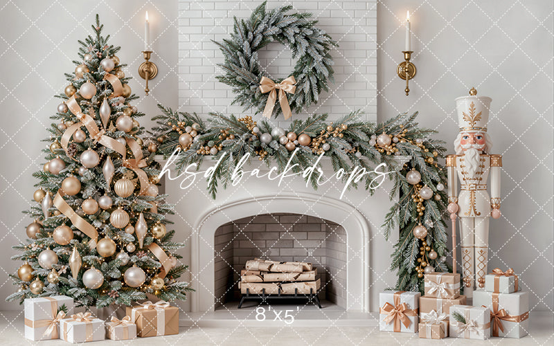 Ivory Nutcracker Christmas Fireplace Photography Backdrop – Soft Holiday Hearth | HSD Backdrops