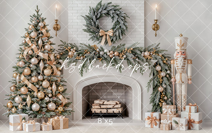 Ivory Nutcracker Christmas Fireplace Photography Backdrop – Soft Holiday Hearth | HSD Backdrops