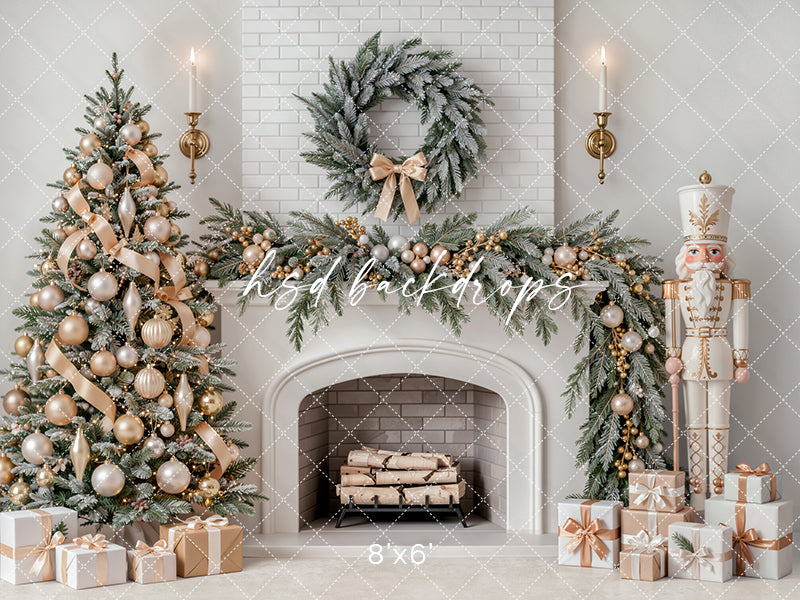 Ivory Nutcracker Christmas Fireplace Photography Backdrop – Soft Holiday Hearth | HSD Backdrops