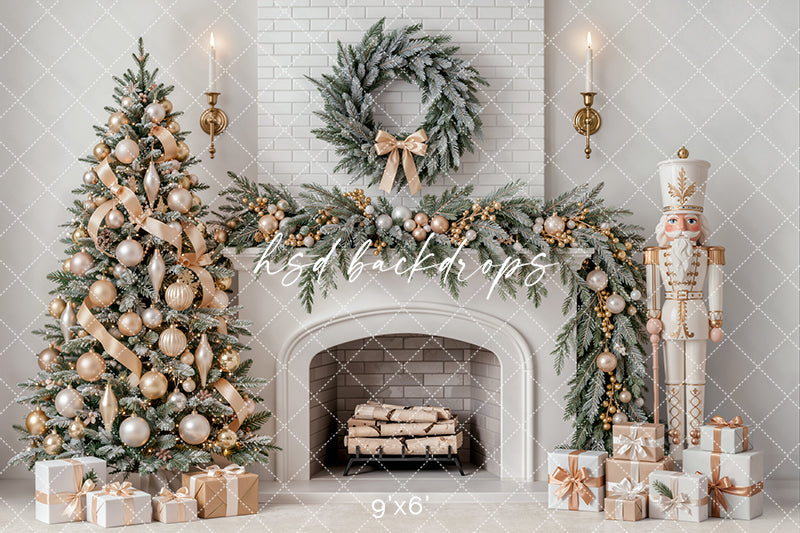 Ivory Nutcracker Christmas Fireplace Photography Backdrop – Soft Holiday Hearth | HSD Backdrops