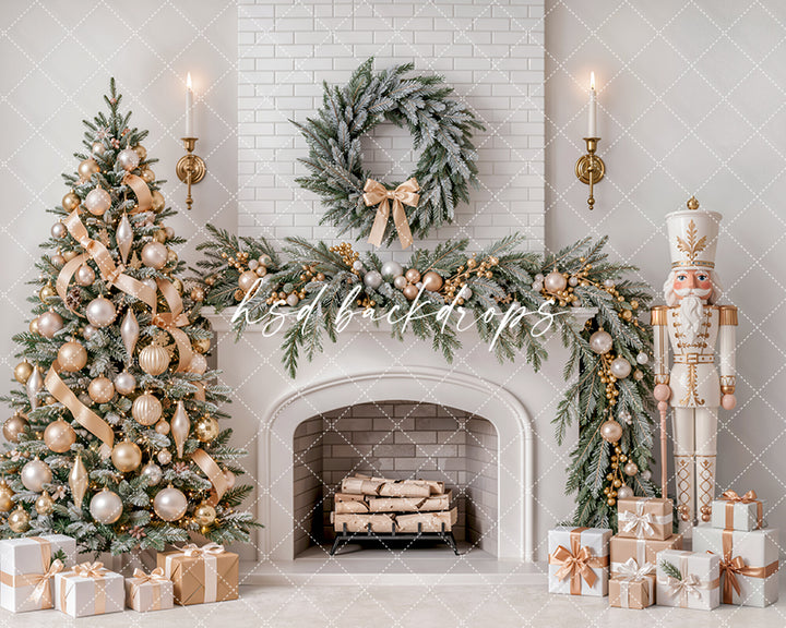Ivory Nutcracker Christmas Fireplace Photography Backdrop – Soft Holiday Hearth | HSD Backdrops