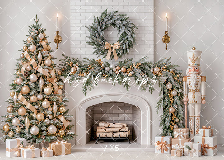 Ivory Nutcracker Christmas Fireplace Photography Backdrop – Soft Holiday Hearth | HSD Backdrops