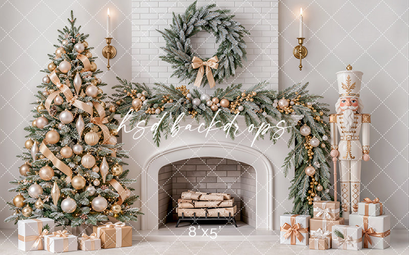 Ivory Nutcracker Christmas Fireplace Photography Backdrop – Soft Holiday Hearth | HSD Backdrops