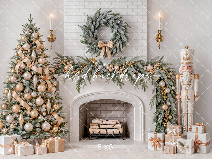 Ivory Nutcracker Christmas Fireplace Photography Backdrop – Soft Holiday Hearth | HSD Backdrops