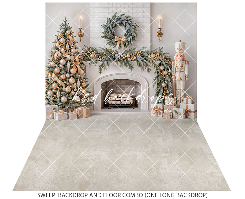 Ivory Nutcracker Christmas Fireplace Photography Backdrop – Soft Holiday Hearth | HSD Backdrops