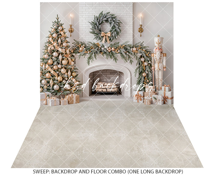 Ivory Nutcracker Christmas Fireplace Photography Backdrop – Soft Holiday Hearth | HSD Backdrops