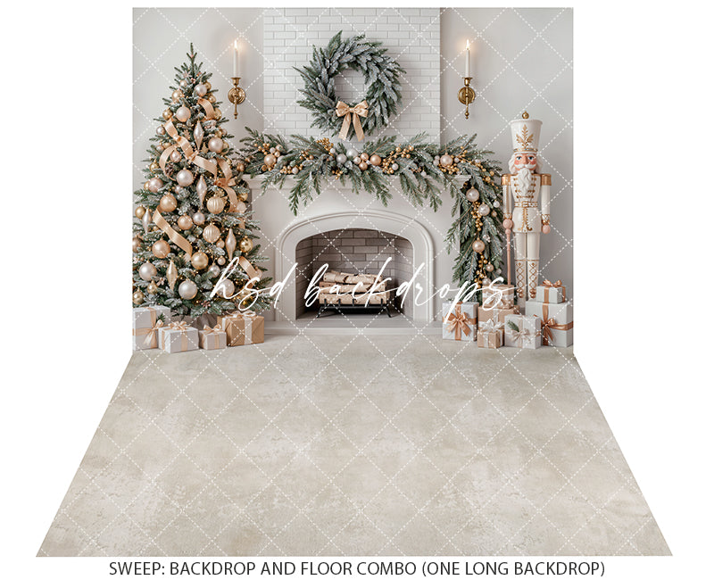 Ivory Nutcracker Christmas Fireplace Photography Backdrop – Soft Holiday Hearth | HSD Backdrops