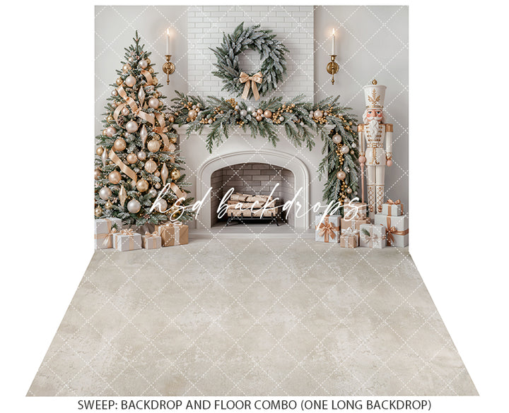 Ivory Nutcracker Christmas Fireplace Photography Backdrop – Soft Holiday Hearth | HSD Backdrops
