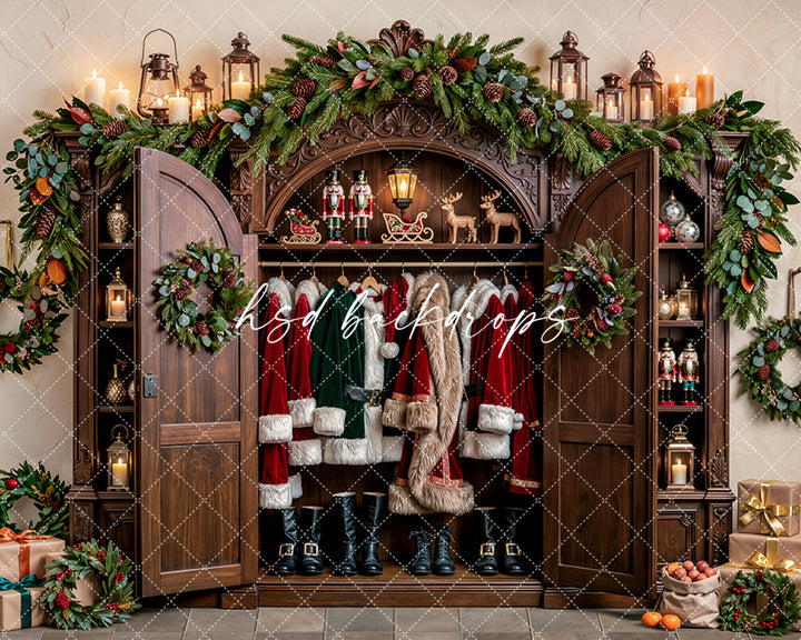 Vintage Santa experience photography backdrop with an open antique wardrobe displaying Santa&