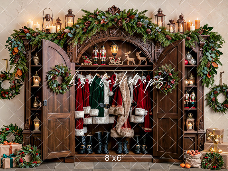 Vintage Santa's Closet photography backdrop featuring an ornate wooden wardrobe filled with Santa coats, black boots, evergreen garlands, lanterns, nutcrackers, and Christmas gifts.