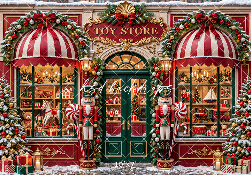 Nutcracker Christmas storefront photography backdrop featuring two large nutcrackers, peppermint candy decorations, elegant gold trim, evergreen garlands, and glowing toy shop windows.