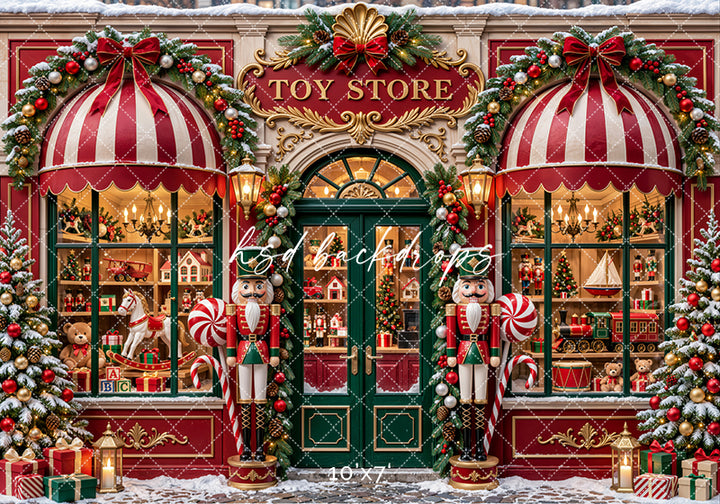 Nutcracker Christmas storefront photography backdrop featuring two large nutcrackers, peppermint candy decorations, elegant gold trim, evergreen garlands, and glowing toy shop windows.