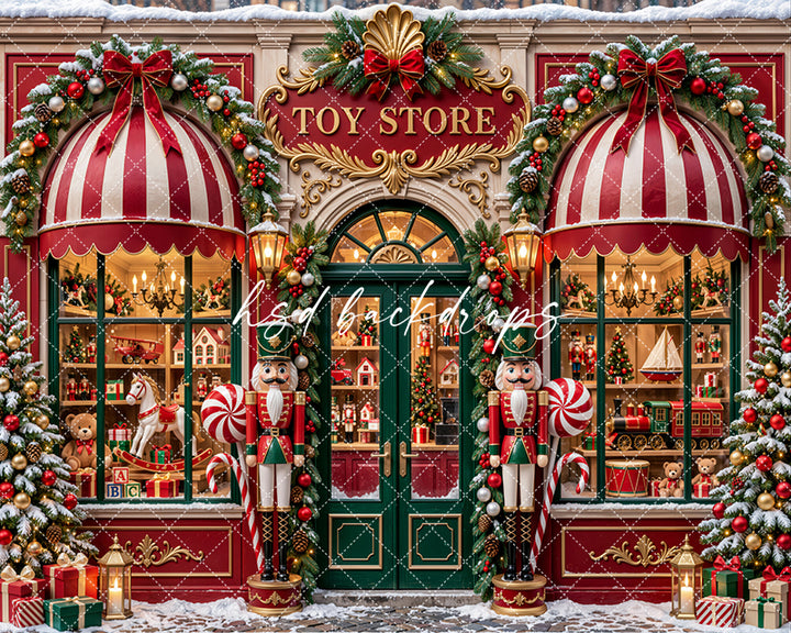 Christmas toy shop mini session backdrop with vintage storefront windows, rocking horses, teddy bears, toy trains, decorated Christmas trees, and festive red bows.