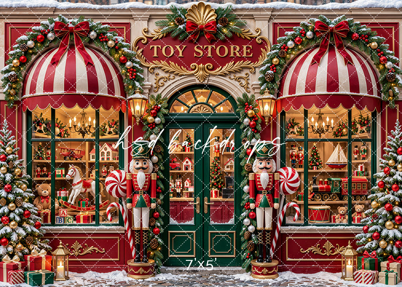 Nutcracker Christmas Toy Shop photography backdrop featuring a vintage red and ivory storefront with emerald green double doors, oversized Christmas nutcrackers, peppermint candy decorations, striped awnings, evergreen garlands, decorated Christmas trees, glowing lanterns, and nostalgic toy-filled display windows for festive holiday portraits.