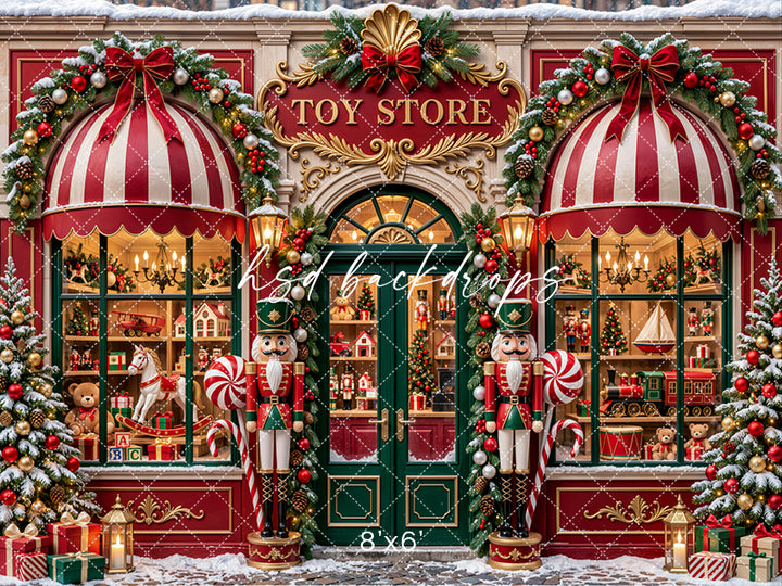 Nutcracker Christmas Toy Shop photography backdrop featuring a vintage red storefront, oversized nutcrackers, striped awnings, evergreen garlands, Christmas trees, and festive toy displays.
