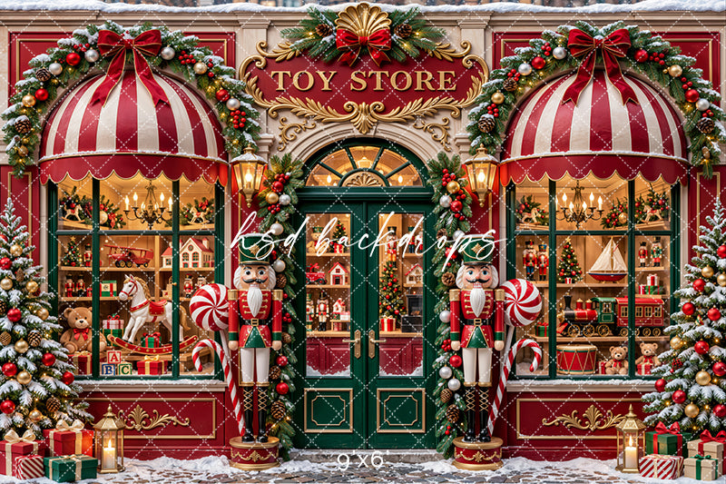 Vintage Christmas toy store photography backdrop with red and ivory striped awnings, emerald green doors, classic toy displays, oversized nutcrackers, and holiday decorations.