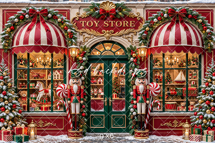 Vintage Christmas toy store photography backdrop with red and ivory striped awnings, emerald green doors, classic toy displays, oversized nutcrackers, and holiday decorations.