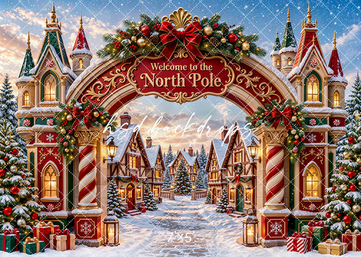 North Pole Christmas Village photography backdrop featuring a grand red, green, and gold entrance arch with a Welcome to the North Pole sign, whimsical castle towers, candy cane columns, evergreen garlands, decorated Christmas trees, glowing lanterns, wrapped presents, and a magical snow-covered Christmas village for holiday portraits.