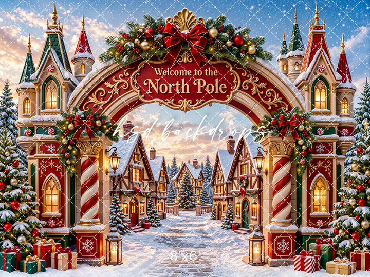North Pole Christmas Village photography backdrop featuring a grand red and gold Christmas archway, Welcome to the North Pole sign, snowy village, decorated trees, and festive garlands.