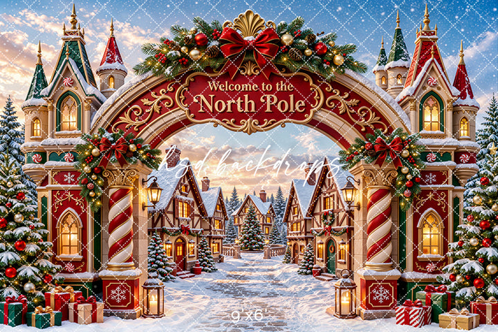 Welcome to the North Pole photography backdrop with ornate Christmas entrance, candy cane columns, castle-like towers, evergreen garlands, and snow-covered holiday cottages.