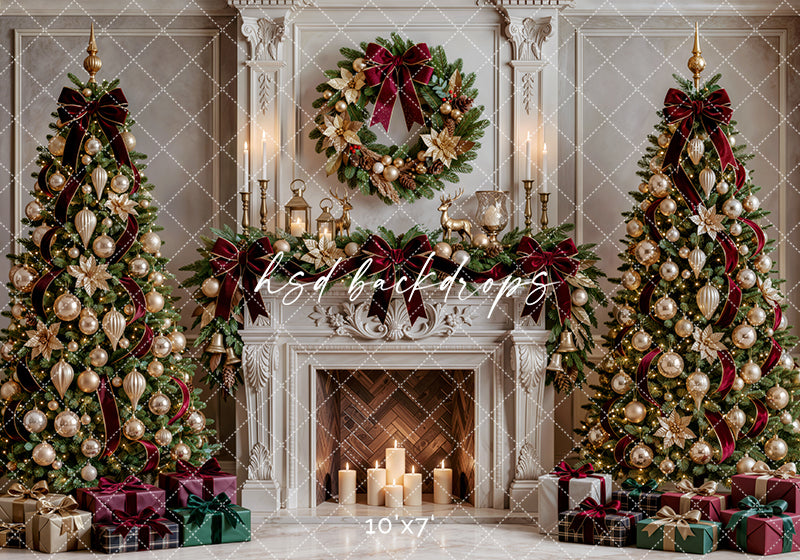 Gilded Poinsettia Christmas Fireplace Photography Backdrop (Flipped Version) – Elegant Holiday Portrait Scene | HSD Backdrops