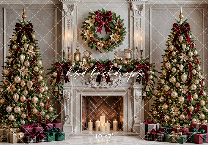 Gilded Poinsettia Christmas Fireplace Photography Backdrop (Flipped Version) – Elegant Holiday Portrait Scene | HSD Backdrops