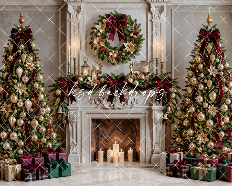 Gilded Poinsettia Christmas Fireplace Photography Backdrop (Flipped Version) – Elegant Holiday Portrait Scene | HSD Backdrops