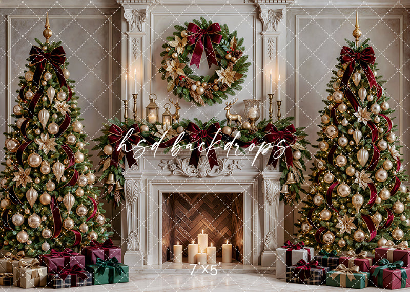 Gilded Poinsettia Christmas Fireplace Photography Backdrop, flipped version, featuring an ornate ivory fireplace, two luxurious Christmas trees decorated with champagne and gold ornaments, gilded poinsettias, deep burgundy velvet bows, evergreen garlands, an elegant wreath, glowing candles, and wrapped holiday presents for sophisticated Christmas portraits.
