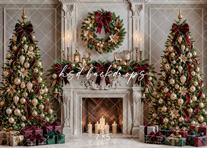 Gilded Poinsettia Christmas Fireplace Photography Backdrop, flipped version, featuring an ornate ivory fireplace, two luxurious Christmas trees decorated with champagne and gold ornaments, gilded poinsettias, deep burgundy velvet bows, evergreen garlands, an elegant wreath, glowing candles, and wrapped holiday presents for sophisticated Christmas portraits.
