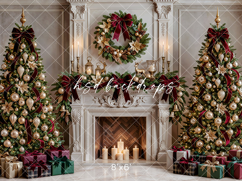 Gilded Poinsettia Christmas Fireplace Photography Backdrop (Flipped Version) – Elegant Holiday Portrait Scene | HSD Backdrops