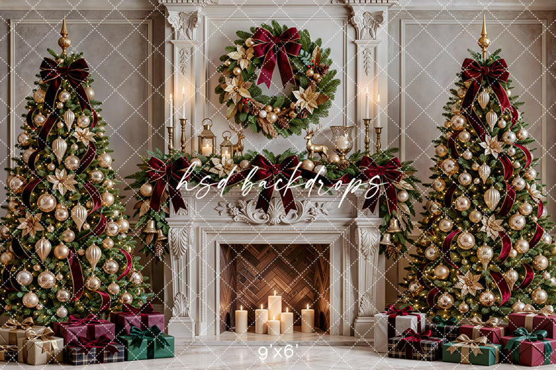 Gilded Poinsettia Christmas Fireplace Photography Backdrop (Flipped Version) – Elegant Holiday Portrait Scene | HSD Backdrops