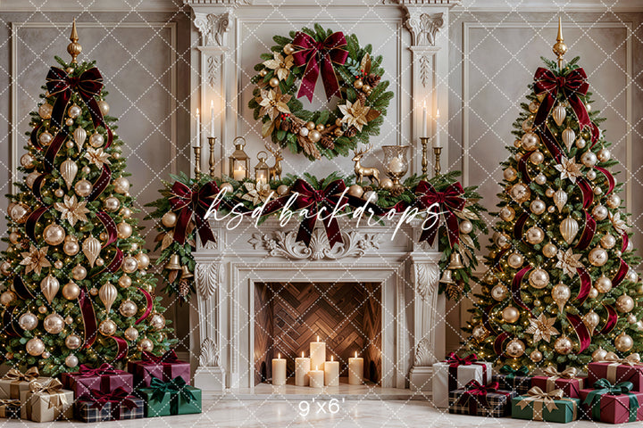 Gilded Poinsettia Christmas Fireplace Photography Backdrop (Flipped Version) – Elegant Holiday Portrait Scene | HSD Backdrops