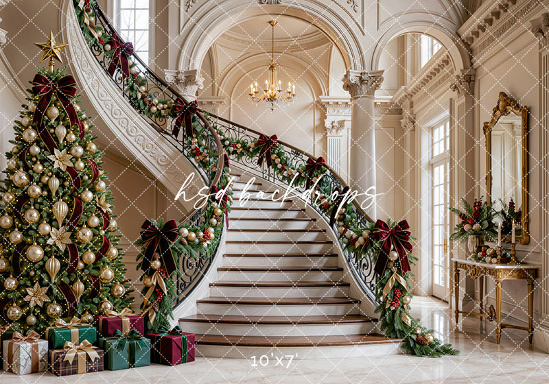 Gilded Christmas Staircase Photography Backdrop (Flipped) – Elegant Holiday Portrait Scene | HSD Backdrops