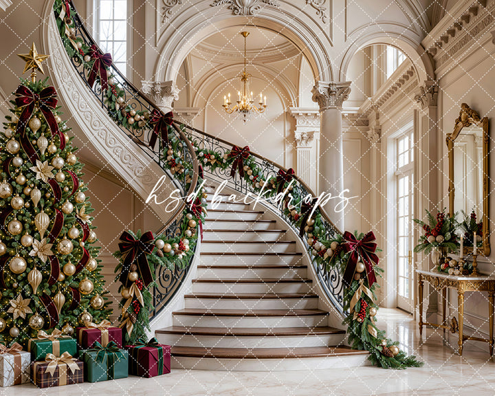 Gilded Christmas Staircase Photography Backdrop (Flipped) – Elegant Holiday Portrait Scene | HSD Backdrops
