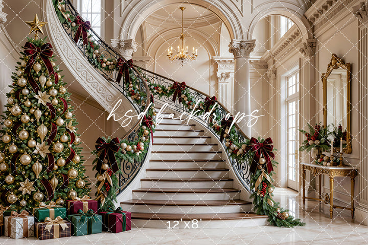 Gilded Christmas Staircase Photography Backdrop (Flipped) – Elegant Holiday Portrait Scene | HSD Backdrops
