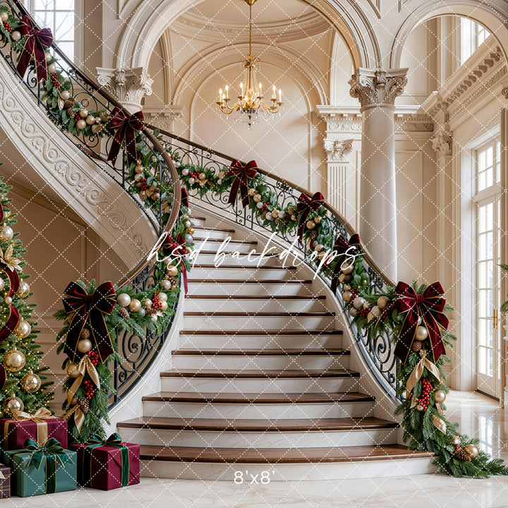 Gilded Christmas Staircase Photography Backdrop (Flipped) – Elegant Holiday Portrait Scene | HSD Backdrops