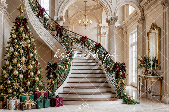 Gilded Christmas Staircase Photography Backdrop (Flipped) – Elegant Holiday Portrait Scene | HSD Backdrops