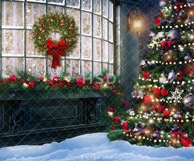 Christmas window backdrop with snowy winter scene for photoshoot