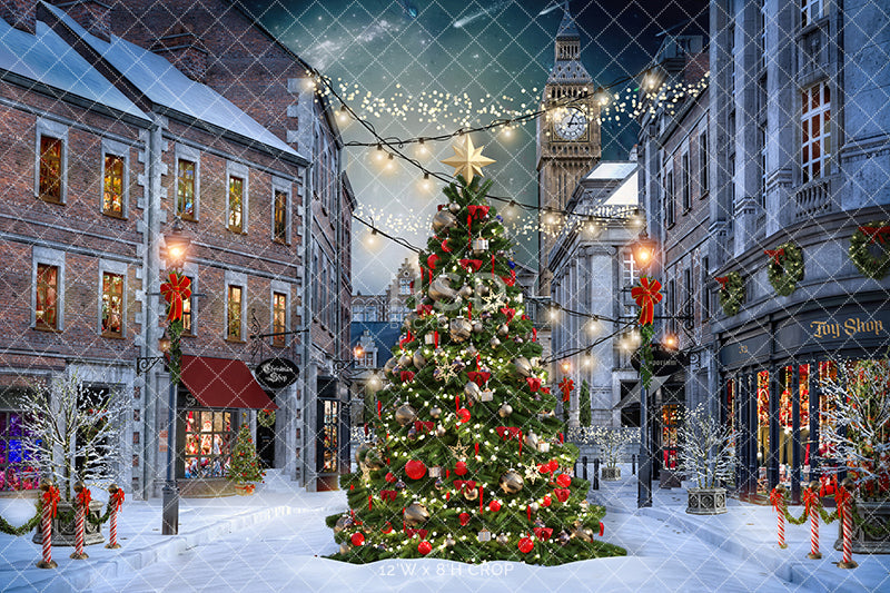 Christmas village photo backdrop with Christmas tree