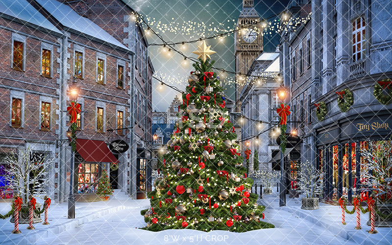 Christmas village photo backdrop with Christmas tree
