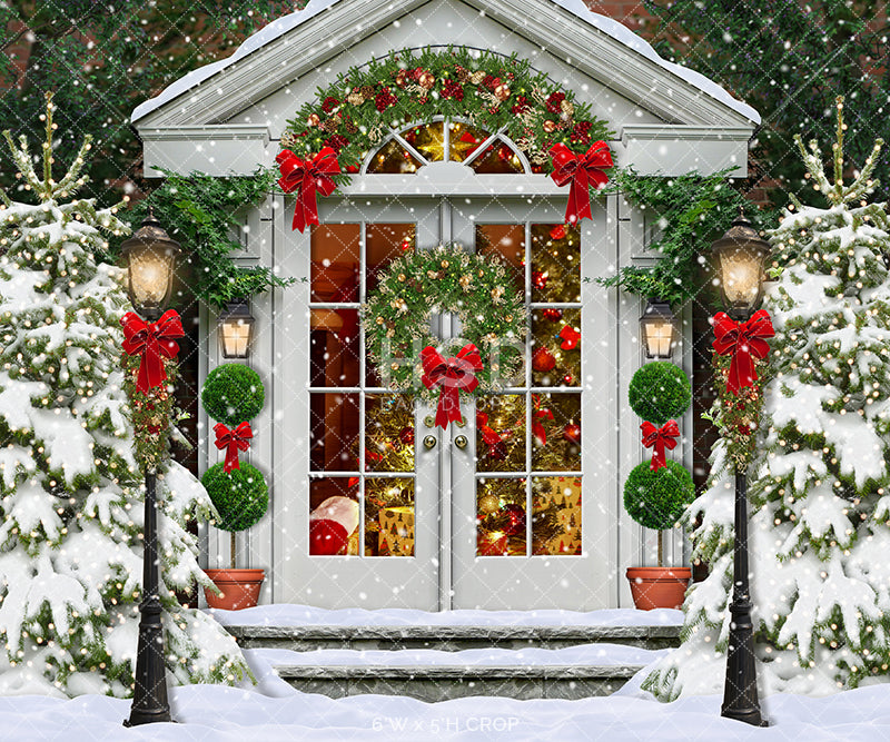 Christmas Door Backdrop. Christmas Scene Photo Backdrops with Snow