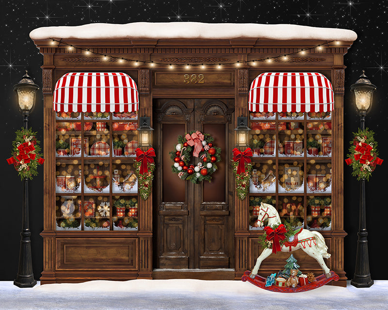 Christmas Village Backdrop with Christmas Toy Shop and Snowy Scene