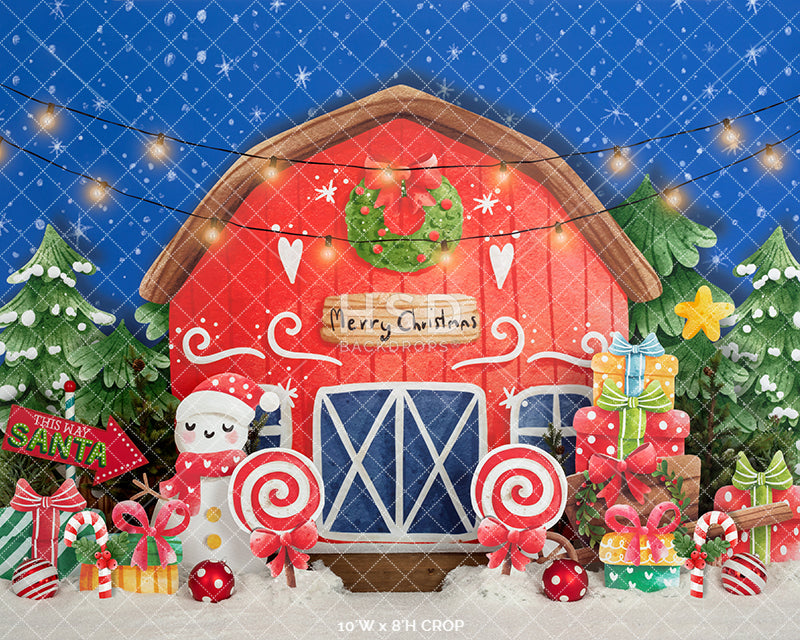 Red Christmas Tree Farm Barn Photo Backdrop for Photography