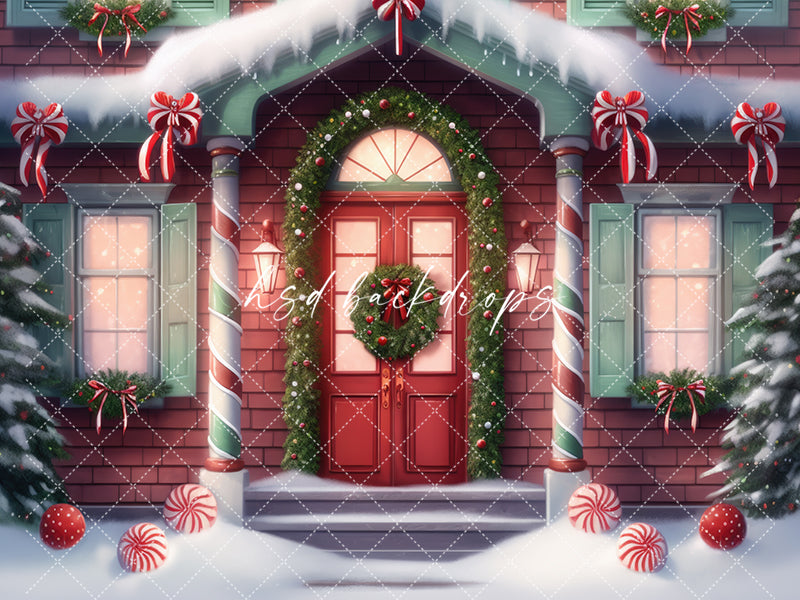 Snowy Winter Christmas Cottage Door Backdrop for Photography 