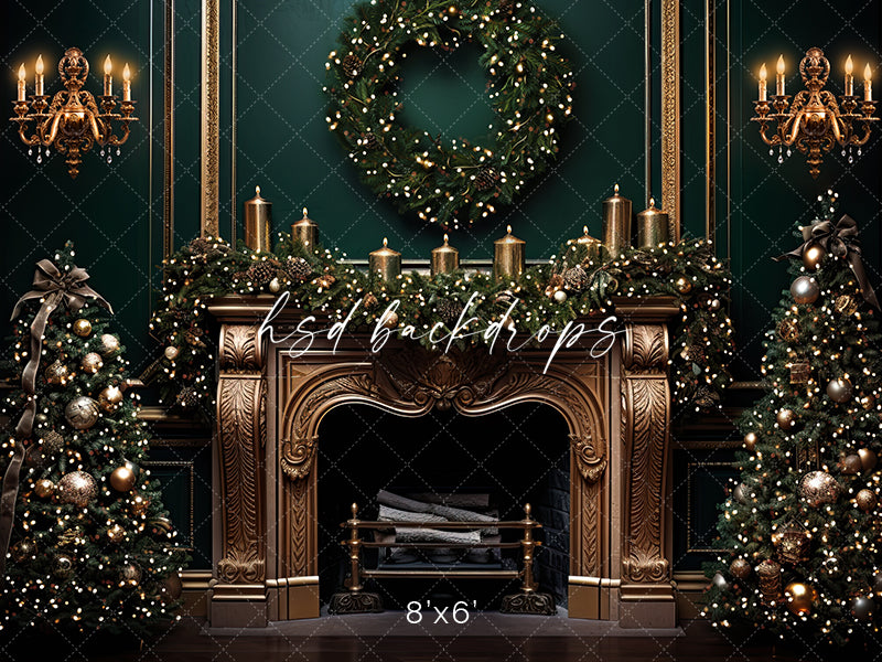 Elegant Emerald Christmas Fireplace - HSD Photography Backdrops 