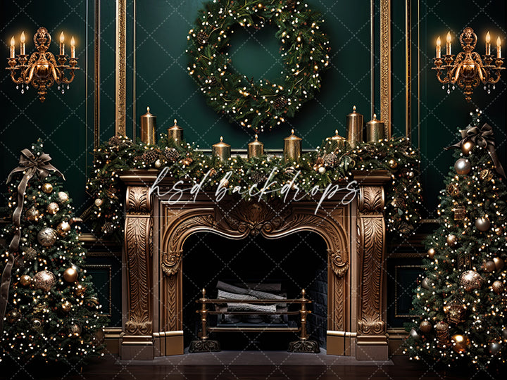 Emerald Green Elegant Christmas Fireplace Photo Backdrop for Pictures