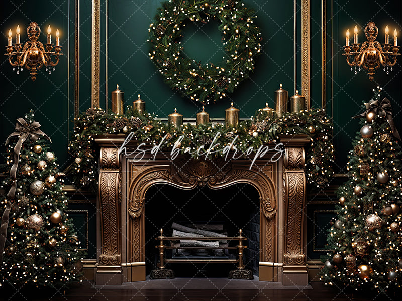 Emerald Green Elegant Christmas Fireplace Photo Backdrop for Pictures